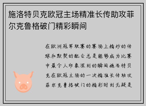 施洛特贝克欧冠主场精准长传助攻菲尔克鲁格破门精彩瞬间